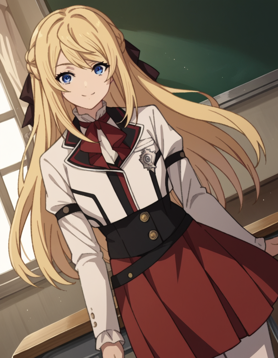 score_9, score_8_up, score_7_up, source_anime,
arielanemoiasura, <lora:ariel-anemoi-asura-s2-ponyxl-lora-nochekaiser:1>,
ariel anemoi asura, long hair, blue eyes, blonde hair, braid, french braid,
skirt, long sleeves, pantyhose, frills, shoes, red skirt, loafers, white pantyhose, blazer, white blazer, corset, black corset,
indoors, classroom, smile,
looking at viewer, dutch angle, cowboy shot,