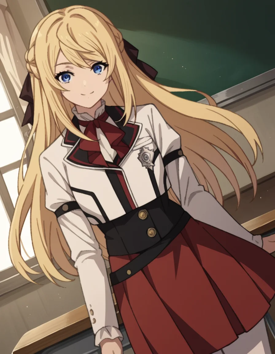 score_9, score_8_up, score_7_up, source_anime,
arielanemoiasura, <lora:ariel-anemoi-asura-s2-ponyxl-lora-nochekaiser:1>,
ariel anemoi asura, long hair, blue eyes, blonde hair, braid, french braid,
skirt, long sleeves, pantyhose, frills, shoes, red skirt, loafers, white pantyhose, blazer, white blazer, corset, black corset,
indoors, classroom, smile,
looking at viewer, dutch angle, cowboy shot,