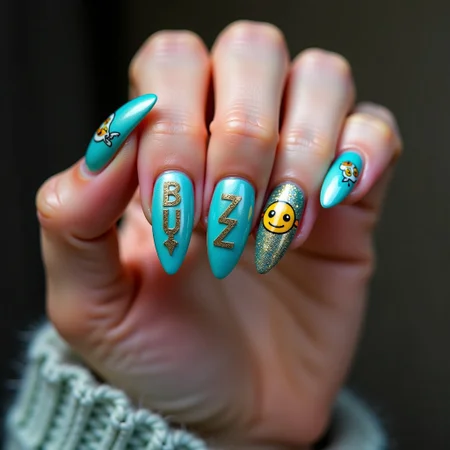 a beautiful hand of an latina, cyan medium length almond nails, gothic theme, single letters and a bolt emoticon on the nails in golden glitter, intricate details, 5 fingers
The letters on the fingers spell "BUZZ"
