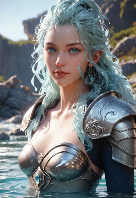 score_9, score_8_up, score_7_up, water mounain background, 1girl, mature, small breast, water armor, water, water hair, wateraround, water eyes, water skin, realistic skin texture, detailed picture, HD32k, SFW