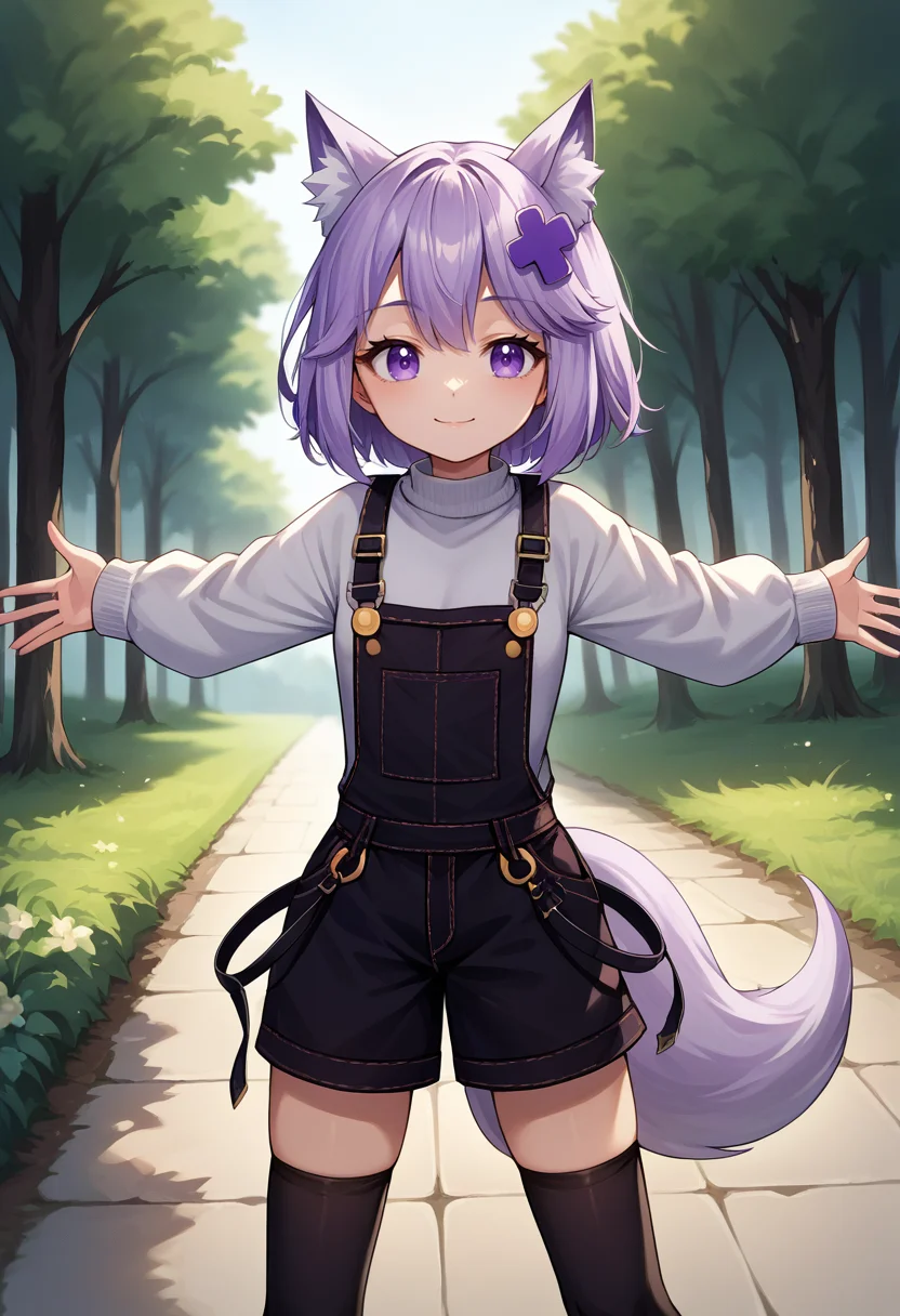 score_9, score_8_up, source_anime, 1girl, solo, FilianOverall, tail, short hair, purple hair ornament, overalls, white sweater, black thighhighs, outdoors, spread arms, smile, <lora:ChamFilianPonyXL:1>