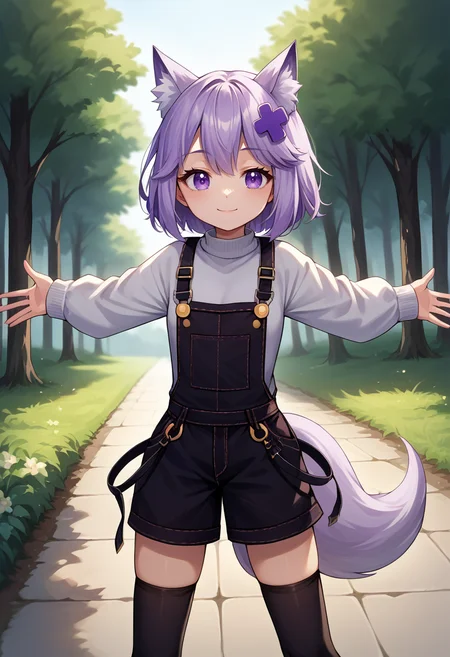score_9, score_8_up, source_anime, 1girl, solo, FilianOverall, tail, short hair, purple hair ornament, overalls, white sweater, black thighhighs, outdoors, spread arms, smile, <lora:ChamFilianPonyXL:1>
