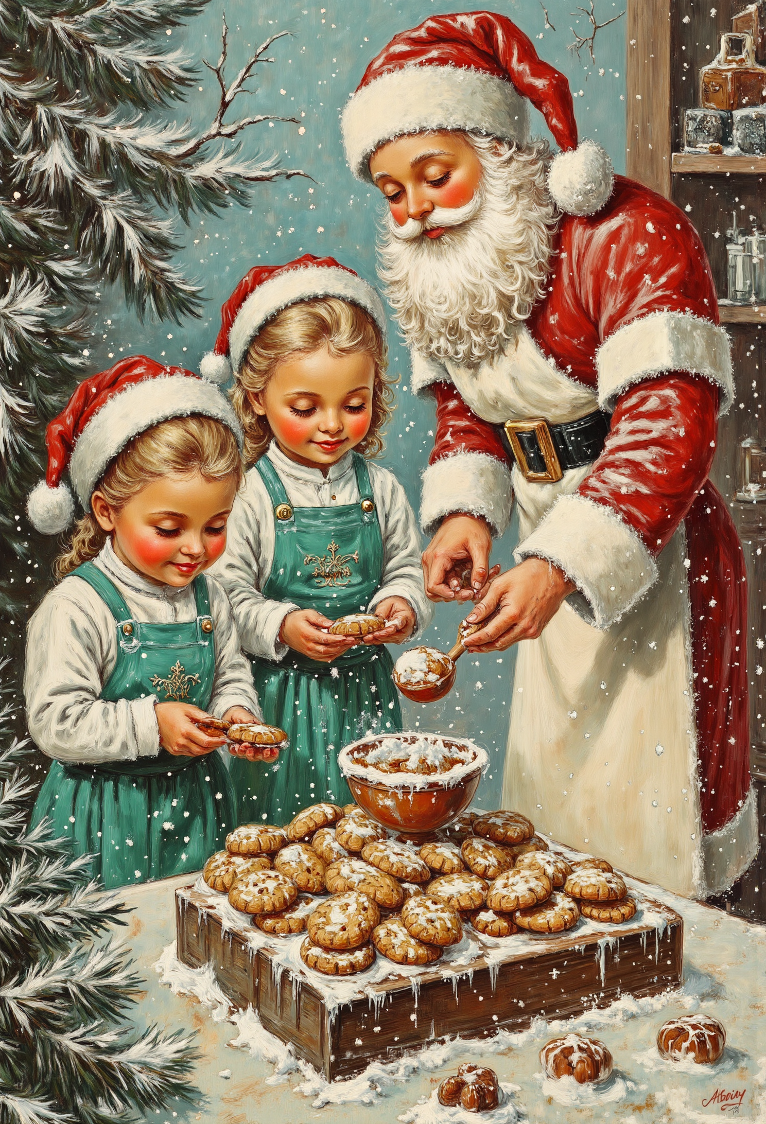 pstcs001, shildren and Santa Claus are baking cookies, winter atmosphere