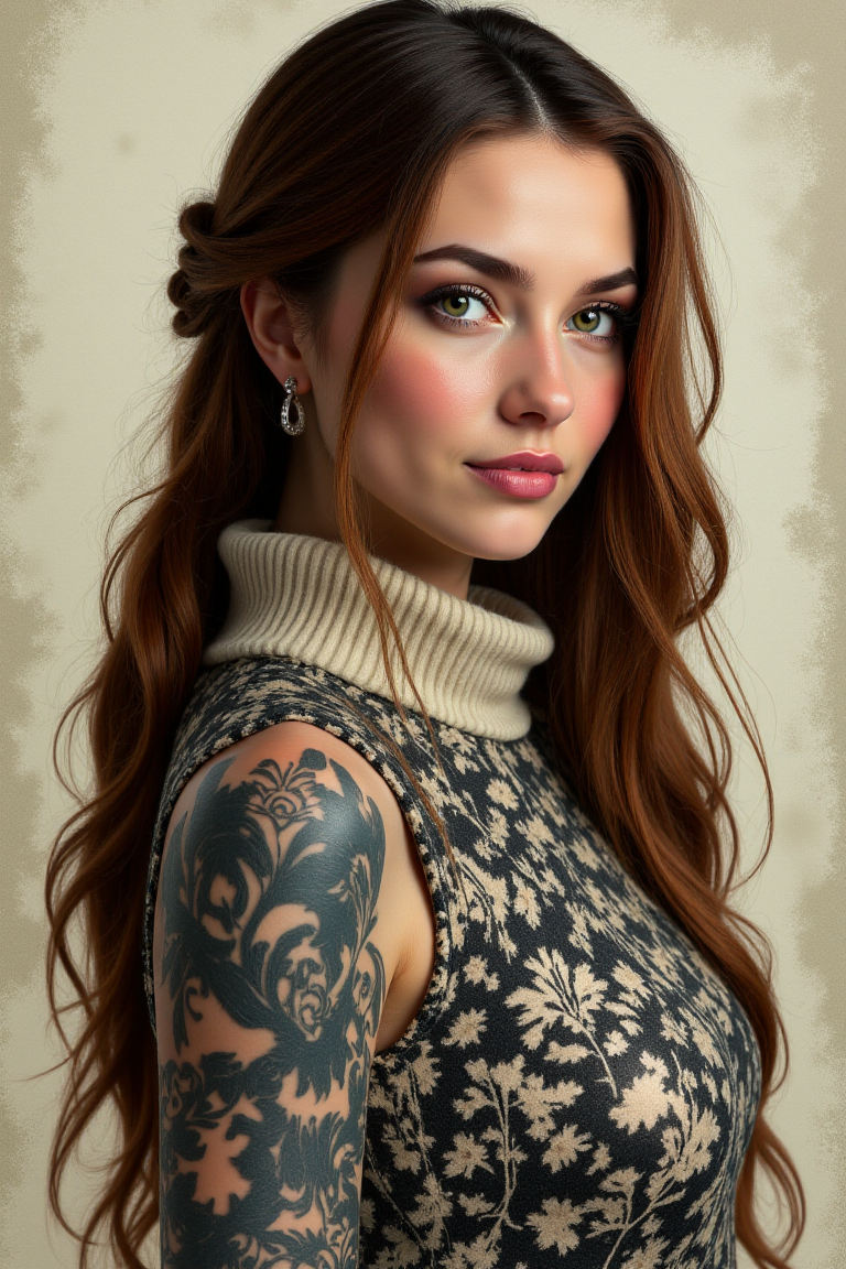 <lora:Ornamental_Patterns:0.7> OrnamentalPatterns style.
tonalism oil painting, humorous, Bacon, Repetition, Mid-Century Modern, Ripples, Pattern, Female Viking, Average Height, Firm, Heart-Shaped Face, Fair background, Light Brown Hair, teal Eyes, Neat Nose, Sexy small Lips, Soft neat round Chin, Long Hair, Coarse Hair, Side French Braid, firm , Hoop earrings, mauve satin lipstick, Turtleneck sweater with a puffer jacket and snow pants .
Her entire  body including limbs and her face, is covered with clearly visible, black, ornamental pattern tattoo, which contrasts sharply with the light color of her skin. (She wears a gentle smile) on her delicate face adorned with impeccable makeup.