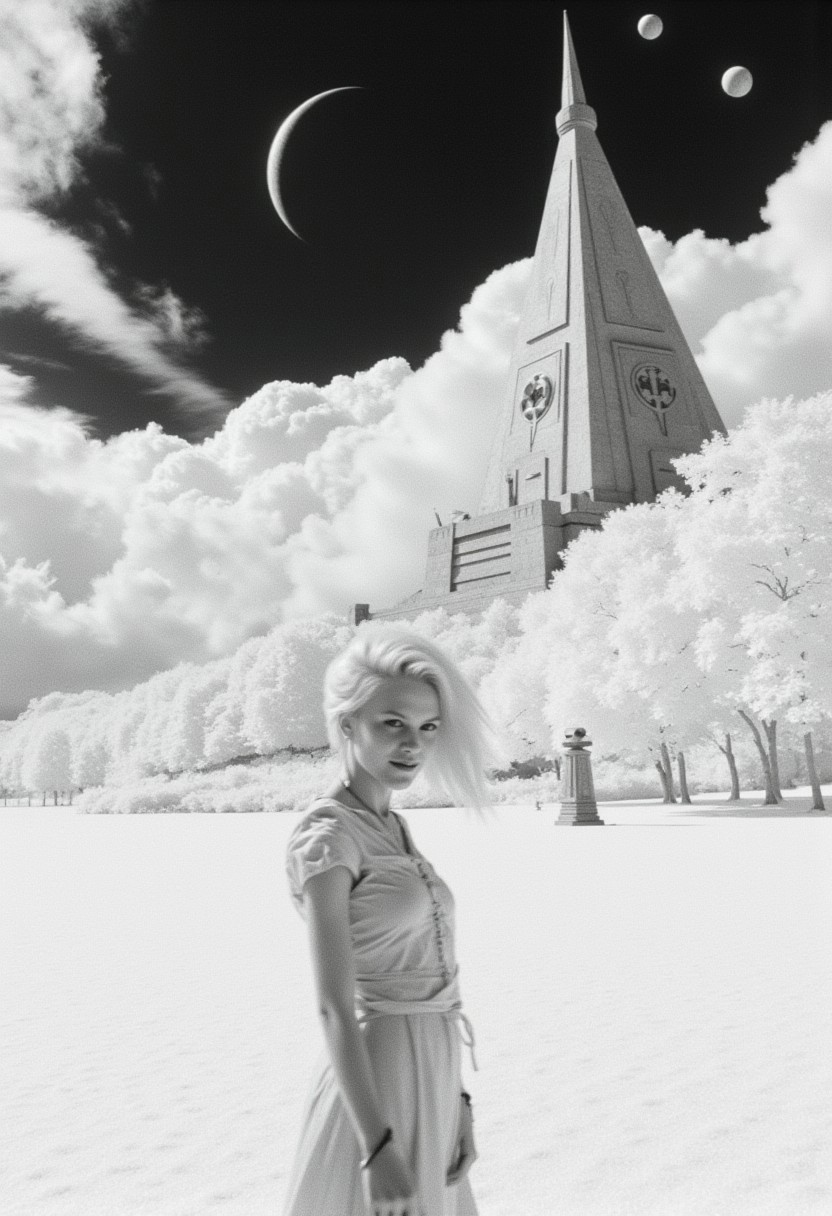 Frank Frazetta fantasy oil painting of an infrared photo of a beautiful young woman on an alien planet with a white sky,  upper body portrait of woman looking at viewer smiling, white forest background with a single black futuristic looking temple, huge pure black sun in the sky surrounded by several smaller moons. monochrome black and white
