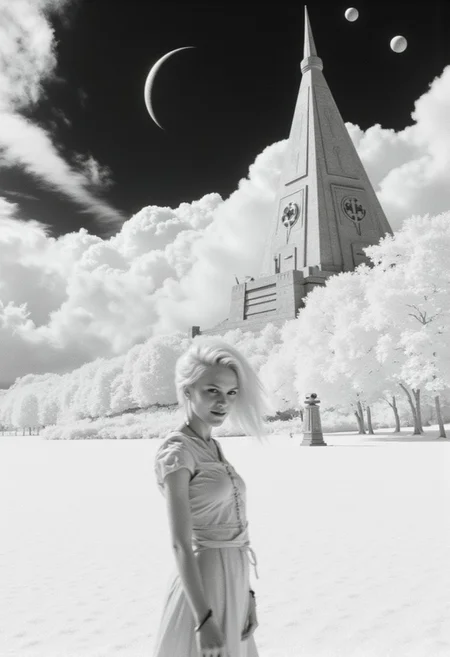 Frank Frazetta fantasy oil painting of an infrared photo of a beautiful young woman on an alien planet with a white sky,  upper body portrait of woman looking at viewer smiling, white forest background with a single black futuristic looking temple, huge pure black sun in the sky surrounded by several smaller moons. monochrome black and white