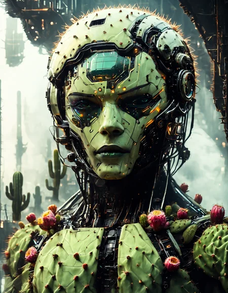 aidmaFLuxPro1.1, Prickly Pear Style, cyberpunk, ultra sharp, 32K, (low light), face focus, highly detailed photo of a (feminine:1.8) android made out of soft delicate cacti, integrated helmet, beautiful blooming pink cacti flowers as hair. (perfect symmetric) Integrated visor with yellow green strip for eyes. her beautifully delicate appearance is deceiving and very prickly. Dynamic highlights, raytracing, sharpen, futuristic spaceship hangar, (cacti skin), cactus