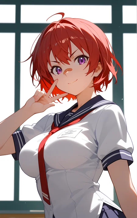 (score_9, score_8_up, score_7_up), standing, looking at viewer, closed mouth, light smile, tight clothes, upper body, close-up,
ohwx, 1girl, solo, short_hair, purple_eyes, red_hair, breasts, bandaid_on_face, bandaid, v-shaped_eyebrows, large_breasts, bandaid_on_nose,
window, sunlight, classroom,
<lora:azuki_shinatsu_pony_ss:1>