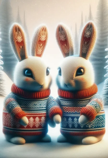 a pair of rabbits in ChristmasSweater style theme in a forest of snow and holding ChristmasSweater style carrots