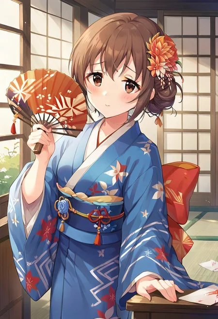 score_9, score_8_up, score_7_up, source_anime, kita hinako, brown hair, short hair, brown eyes, 1girl, japanese clothes, kimono, solo, hand fan, flower, paper fan, hair ornament, uchiwa, hair flower, blush