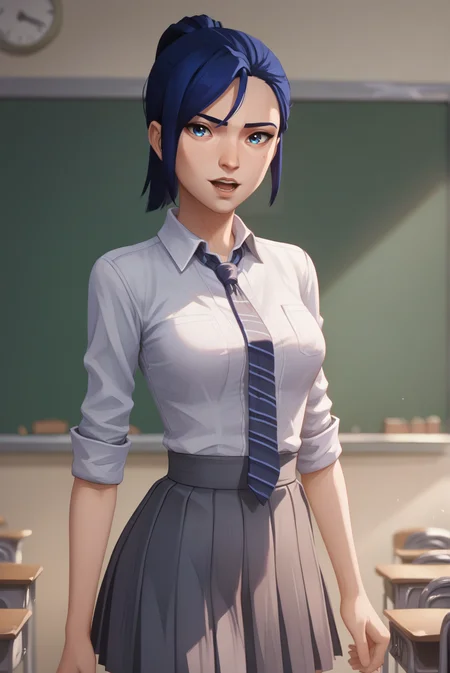 score_9, score_8_up, score_7_up, score_6_up, score_5_up, score_4_up, BREAK source_anime, 1girl, solo,
<lora:ArcaneCaitlynXL-v3-07:0.7>, ChopioCaitlyn, blue hair, shiny hair, blue eyes, looking at viewer,
medium breasts, short hair, ponytail, sidelocks,
classroom, standing, light smile, open mouth,
collared shirt, striped necktie, sleeves rolled up, grey skirt, pleated skirt,