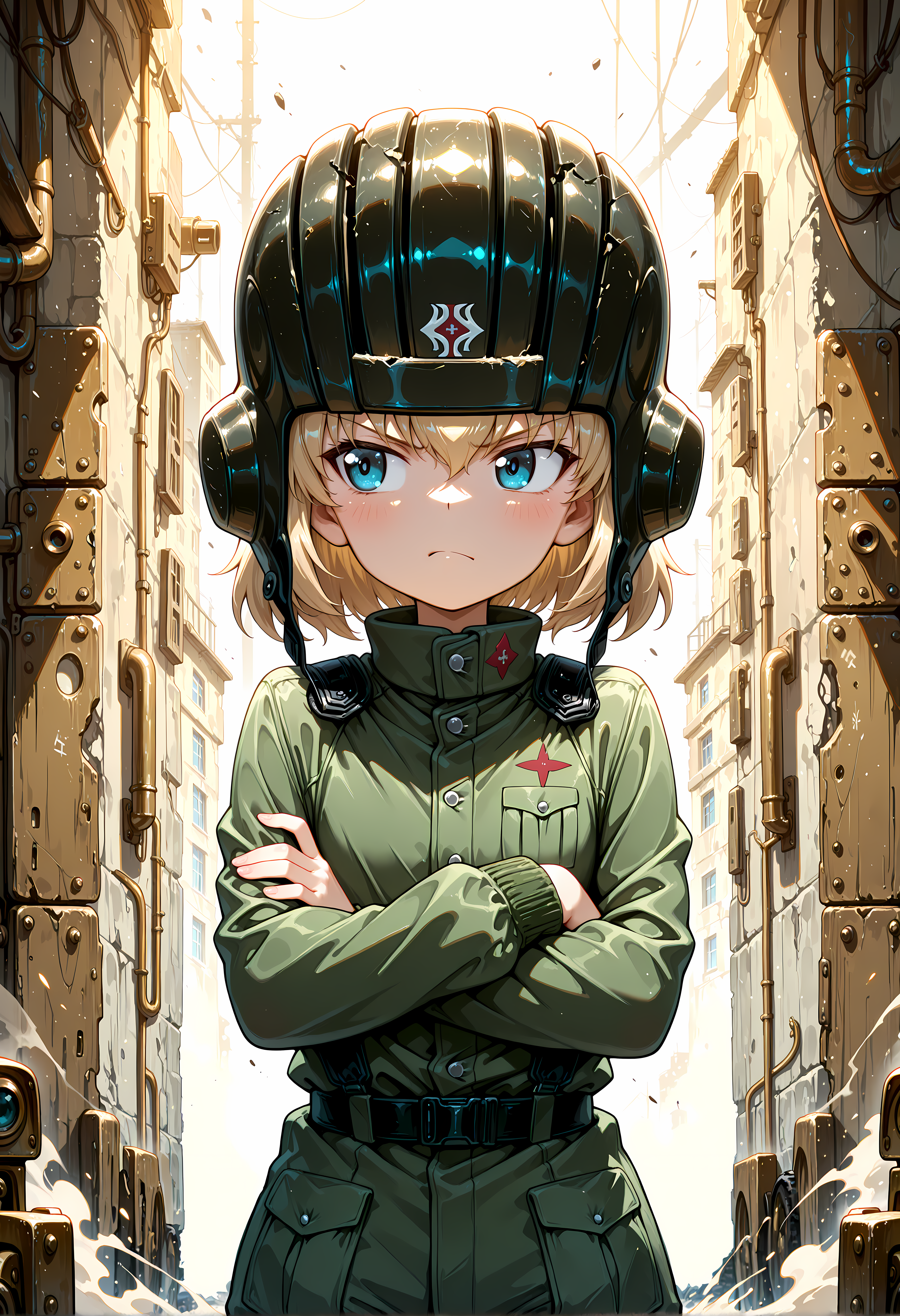 katyusha_(girls und panzer), girls_und_panzer, military uniform, tank helmet, crossed arms, annoyed, look away,  