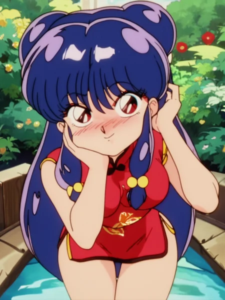 score_9, score_8_up, score_7_up, 1girl leaning forward, hand on own cheek, nose blush, garden, japanese temple, from above, front, squeezed, solo focus, looking at viewer, nervous smile, blush, naughty face, cowboy shot, (dynamic pose:1.1), cute, nsfw, medium breasts, thick thighs, sexy pose, open legs, embarrassed, round ass, detailed eyes, bright pupils,
<lora:ShampooXLP_character:1> ShampooXLP, long hair, purple hair, double bun, bangs, hair ornament, hair bell, sidelocks, red eyes, anime screencap, retro artstyle, red china dress,, retro artstyle, anime screencap, shampoo \(ranma 1/2\),