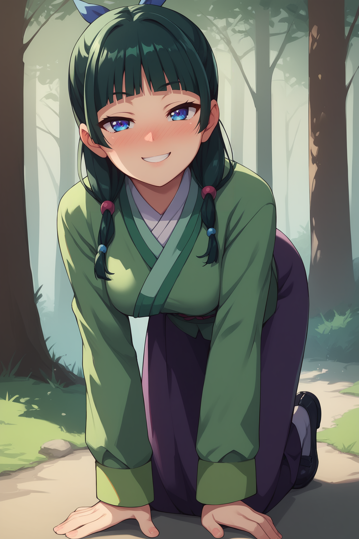 score_9, score_8_up, score_7_up, score_6_up, BREAK, MaoMaoTADPXL, blue eyes, green hair, long hair, twintails, blunt bangs, blue ribbon hair, medium breasts, green kimono, long sleeves, purple skirt, black shoes, solo, full body, all fours, seductive smile, looking at viewer, naughty face, nose blush, forest, tree <lora:MaoMaoTADPXL:0.8>
