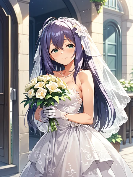 score_9,score_8_up,score_7_up,
official art,official style,game cg,megami magazine,
uncensored,
1girl,solo,
mochizuki anna,purple hair,green eyes,ahoge,
wedding dress,wedding band,white dress,white gloves,
<lora:idolmaster_mochizuki_anna_pony_v1:1>,