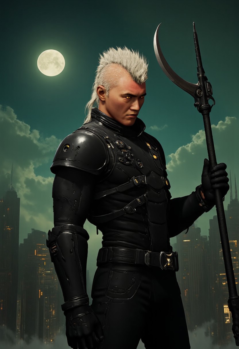 civitametapunk, anime portrait shot from side, detailed face of a horrifying  black knight all dressed in black armor, he has a spiky design or mohawk on the top of his head and the sides of his hairstyle is short and neat, blonde hair, light skin, obsidian black armor, looking at viewer with angry expression and red glowing eyes , holding a glowing ghostly scythe, menacing, atmospheric haze, a cyberpunk metropolis on background , MythP0rt <lora:artilands:0.8>, Leather Brown hue and vibrant Midnight green tint , cyberpunk, anime, perfection style