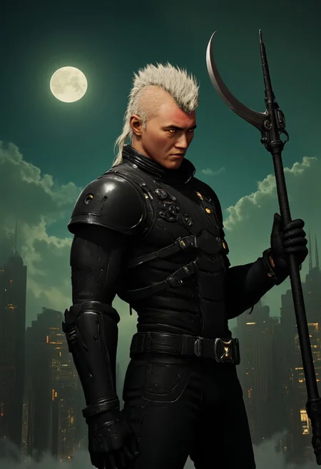 civitametapunk, anime portrait shot from side, detailed face of a horrifying  black knight all dressed in black armor, he has a spiky design or mohawk on the top of his head and the sides of his hairstyle is short and neat, blonde hair, light skin, obsidian black armor, looking at viewer with angry expression and red glowing eyes , holding a glowing ghostly scythe, menacing, atmospheric haze, a cyberpunk metropolis on background , MythP0rt <lora:artilands:0.8>, Leather Brown hue and vibrant Midnight green tint , cyberpunk, anime, perfection style