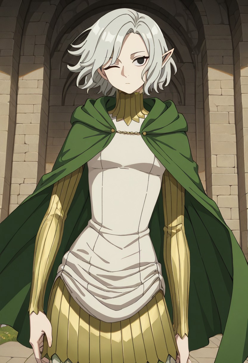 masterpiece, best quality, newest, absurdres, highres, 
DMStyle-DmpackV1.0, official style,
DMPACK-1-Mithrun, elf, pointy ears, silver hair, one eye closed, black eyes,
cape, green cape,