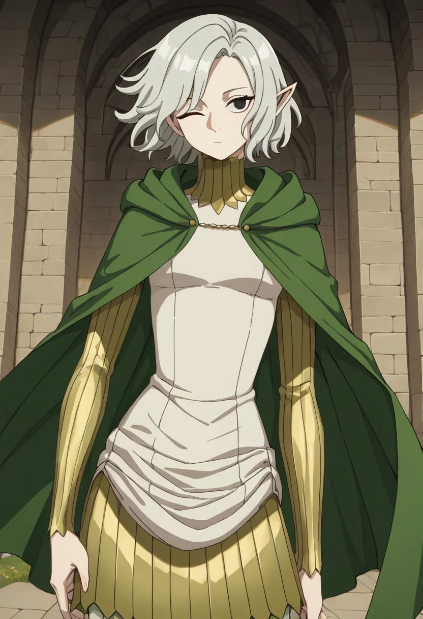 masterpiece, best quality, newest, absurdres, highres,
DMStyle-DmpackV1.0, official style,
DMPACK-1-Mithrun, elf, pointy ears, silver hair, one eye closed, black eyes,
cape, green cape,