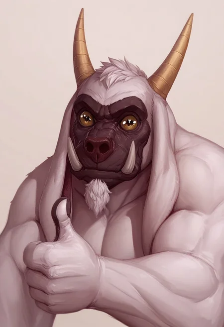 Zpdxl3, Score_7_up, score_8_up, solo male, upper body,
BREAK,
flopsie, monster, horns, tusks, (horizontal pupils), long ears, (thumbs up), simple background,