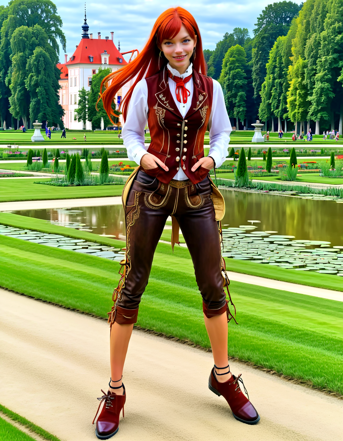Ankama vivid animation style 1girl,Erza Scarlet, wearing Hosn, pant, necktie, brown shoe, wild leather, vest, at Castle Nymphenburg, ,,. Vibrant colors, expansive storyworlds, stylized characters, flowing motion