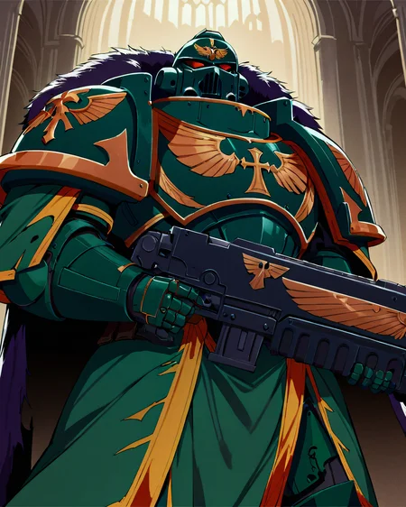 Anime Illustration, full body, Space Marine, dark angels legion, portrait, standing. He is holding, aiming,  a bltgun bolter weapon. He is wearing a helmet, intricate dark green armor, gold trimmings, cross detailing, tabard, torn cape, gauntlets, black fur, plate armor, full armor, panoply, gothic architecture,  background, extremely detailed, absurdres, masterpiece, cel shading
<lora:Astartes:0.8>  <lora:add-detail-xl:0.8>  <lora:Bolter_-_Warhammer_40000_SDXL:1>  <lora:Bad_Hands_lora:0.8>
