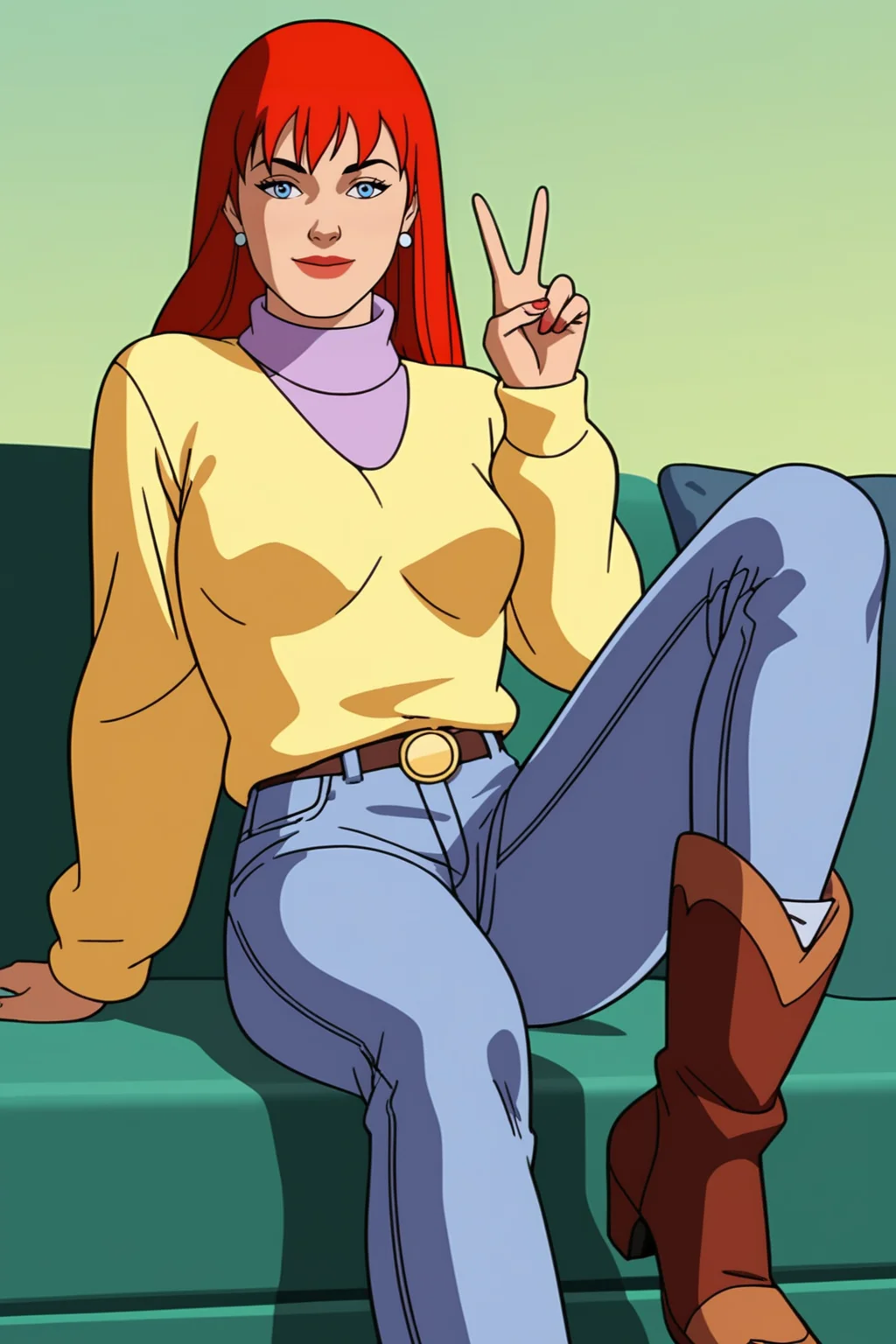 retro artstyle, 1980s (style), source_cartoon, score_9, score_8_up, score_7_up, score_6_up, score_5_up, score_4_up, BREAK, <lora:MJ_90s-000004:.8>, 1girl, MJ, red hair, blue eyes, yellow sweater, purple turtleneck, jeans, boots, sitting, one leg bent, peace sign