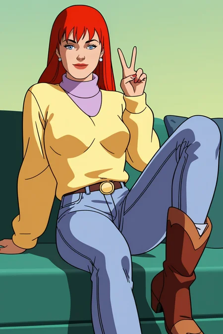 retro artstyle, 1980s (style), source_cartoon, score_9, score_8_up, score_7_up, score_6_up, score_5_up, score_4_up, BREAK, <lora:MJ_90s-000004:.8>, 1girl, MJ, red hair, blue eyes, yellow sweater, purple turtleneck, jeans, boots, sitting, one leg bent, peace sign