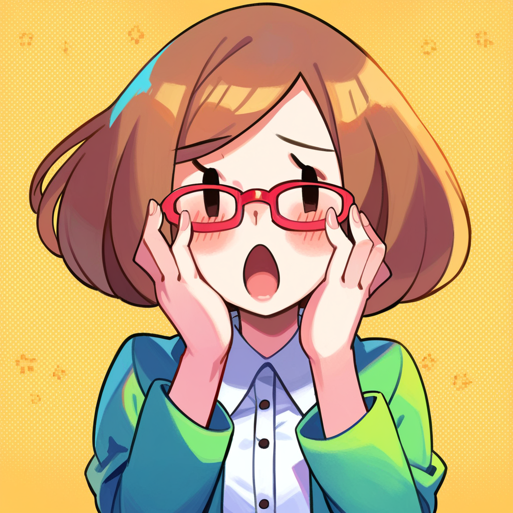 zPDXL, score_9_up, score_8_up, score_7_up, best quality,  source_anime, yellow background, detailed background, arms at sides, BREAK 1girl, solo, nikki_(/swapnote/), brown hair, dot eyes, red glasses, bob cut, white button shirt, green coat, long sleeves, hands on face, blush, open mouth, looking at viewer, <lora:PDXL_Nikki_Swapnote:1>