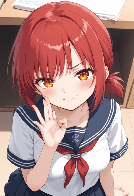 1girl, medium breasts, school uniform,
mesugaki, smile, looking at viewer, blush, hand up, skin fang, <lora:mesugaki_Pony_v1:0.9>
from above, portrait, looking at viewer, red hair, orange eyes,disgust, chapter House, closed mouth, short ponytail hair,,