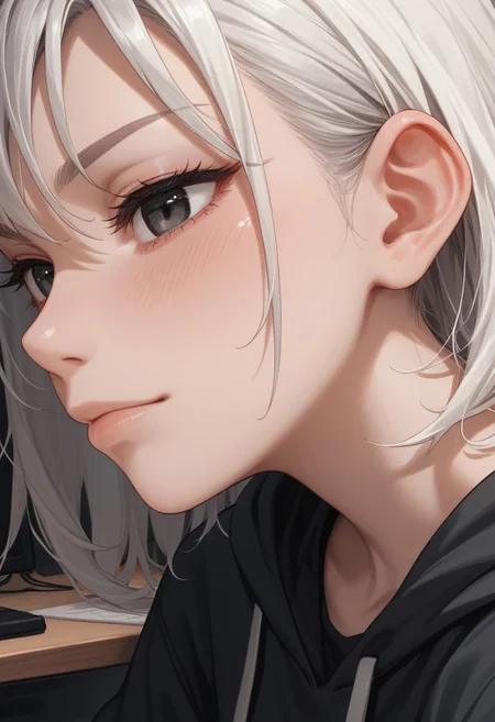 score_9, score_8_up, score_7_up, 26 years old,, zPDXL3, 1girl, solo, medium breasts, white hair, (from side),
(face focus, close-up:1.6), eyeshadow, tattoo on arm,
black eyes, medium hair, messy hair, dutch angle, chair, (white tanktop, black hoodie, bare shoulders), denim shorts, pantyhose, indoors, computer desk, sitting behind desk, night, desk light, relaxed, bedroom, (smug:0.8), blush, looking at viewer,