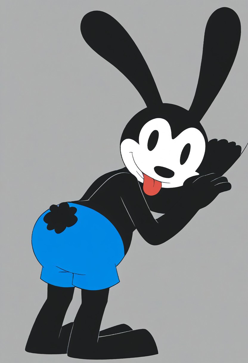 rabbit, solo, no humans, furry, 1boy, furry male, male focus, looking at viewer, black eyes, solid oval eyes, animal ears, rabbit ears, body fur, black fur, shorts, blue shorts, rabbit tail, tail, full body, tongue out, high quality