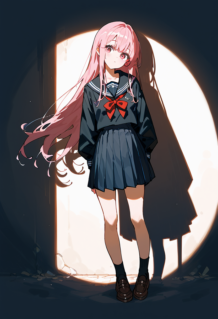 <lora:spotlight:1>, spotlight, shadow, 1girl, long hair, pink hair, head tilt, standing, school uniform, black serafuku, full body,, (score_9,score_8_up,score_7_up,score_6_up,score_5_up,score_4_up),