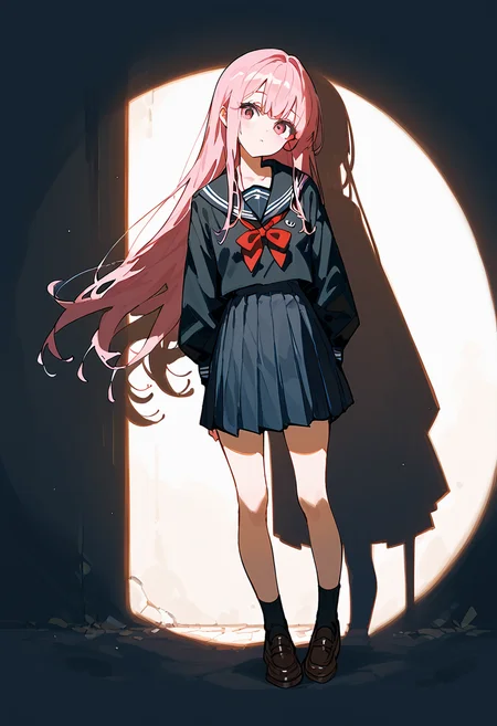 <lora:spotlight:1>, spotlight, shadow, 1girl, long hair, pink hair, head tilt, standing, school uniform, black serafuku, full body,, (score_9,score_8_up,score_7_up,score_6_up,score_5_up,score_4_up),