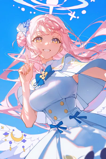 1girl,
mika \(blue archive\),
blue sky,smile,upper body,((pointing up, )),
artist:yoneyama mai,artist:ciloranko,artist:sho {sho lwlw},
best quality,amazing quality,very aesthetic,absurdres,best quality,masterpiece,