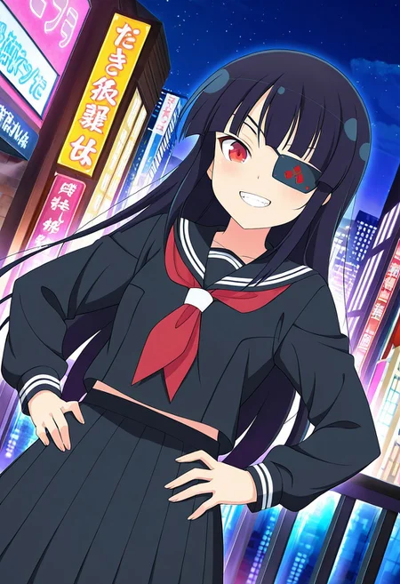 general,highres, ultra-detailed,very aesthetic,best quality ,best hands,best eyes,easynegative,
dynamic anglre, dutch angle, anime cloring,anime screencap,
1girl solo,looking at viewer,city, night,smile,teeth, hands on hip,
Mirai,black_hair, long_hair, red eyes, eyepatch, small breasts, short body, petite,black serafuku,