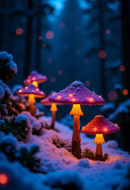 Glowing Christmas Aesthetic, Bioluminescent forest, symbiotic Christmas lights, glowing mushroom ornaments, phosphorescent snow, organic patterns, macro details