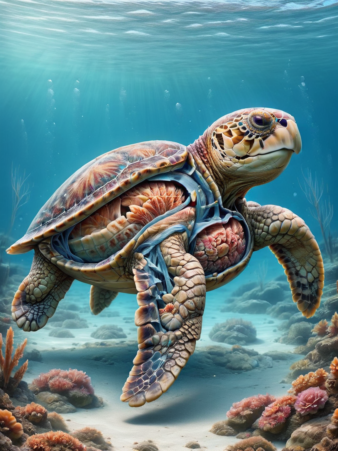 ais-xsection sea turtle, gliding gracefully through the crystal-clear waters of a tropical paradise <lora:Cross_Section_Style_SDXL:1>
