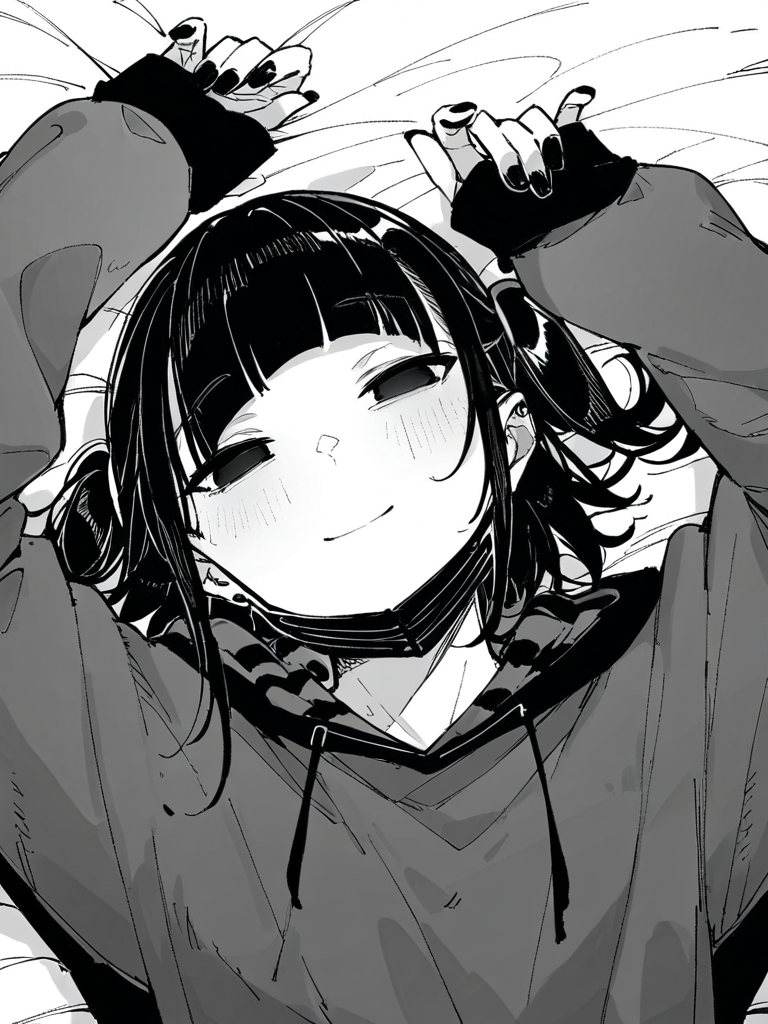 score_9, score_8_up, score_7_up,  
1girl,  monochrome,
black hair, blunt bangs, long hair, two side up, black eyes,
empty eyes,
smile, closed mouth, looking at viewer, lying, on back, on bed, arms up, black nails, hoodie,  black mask, mask pull, upper body,