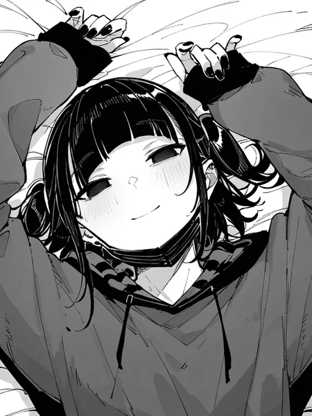 score_9, score_8_up, score_7_up,
1girl, monochrome,
black hair, blunt bangs, long hair, two side up, black eyes,
empty eyes,
smile, closed mouth, looking at viewer, lying, on back, on bed, arms up, black nails, hoodie, black mask, mask pull, upper body,