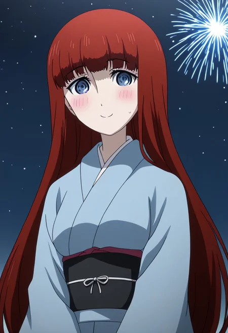 rating_safe, Ultra-high-detailed Anime illustration of Kagari Shiina from Anime Steins;Gate 0. 
The artwork features Kagari in a solo, standing position with a outdoors, flield, and night background. night time. night. stars.
She is depicted with intricate details showcasing her large breasts, natural_breasts. She is a white skinned, 22 years old woman. Kagari is looking_at_viewer with perfect_eyes, Her pupils are highly detailed. The eyes are open. blue eyes. Kagari's eyes are highlighted. Highlighted eyevrows. 
She has long hair, red colored hair, styled in blunt bangs and floating hair.
She is wearing a blue kimono and black shoes. japanese kimono, kimono.
The artistic style is intricate_details_xl with a focus on Anime art. The color palette emphasizes red and black with detailed strokes to bring out the character's features. The lighting creates dramatic shadows and highlights, adding depth to the artwork. The perspective is from a face focus, dutch angle to enhance the impact of the character's expression. This masterpiece is a true portrayal of Kagari's complex personality and will captivate any fan of Kagari. uncensored, upper body, blushing, smile, Kagari Shiina,
perfecteyes,
<lora:Steins_Gate:1>
kimono
happy new year!, Happy New Year fireworks, Happy New Years