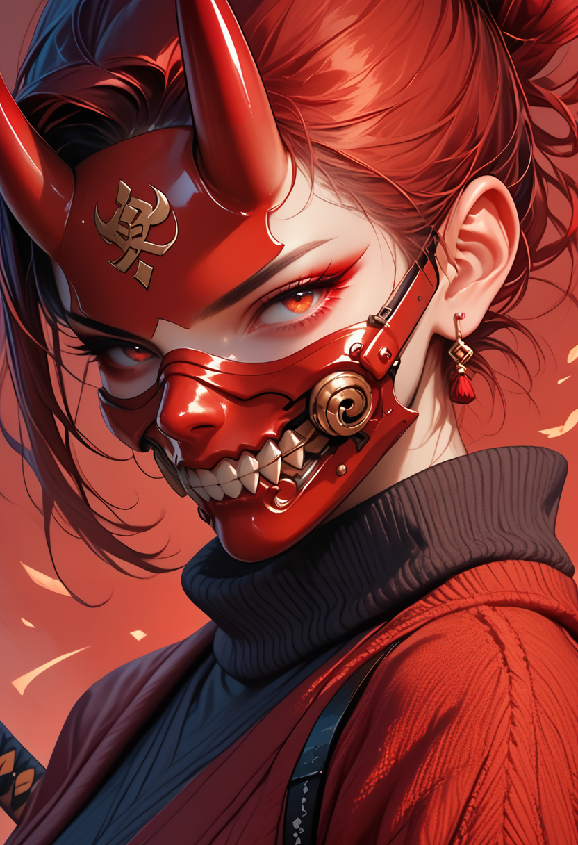 (score_9, score_8_up), score_7_up, 1girl, looking at viewer, red eyes, jewelry, weapon, horns, sweater, mask, katana, face mask, oni horns, oni, straight-on, oni mask, red mask
<lora:masky-000009:0.8>