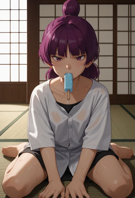 score_9, score_8_up,score_7_up, source_anime, 1girl, solo, <lora:Jptr_pdxl_EliPot:1>, gingadanjupiter, purple hair, purple eyes, medium hair,
 white shirt, shirt only, buttoned shirt, collarbone, oversized clothes, oversized shirt, sweating, sweat, tired, sitting, wariza, legs apart, kneeling, eating, popsicle, electric fan, wind, indoors, eastern architecture, tatami,