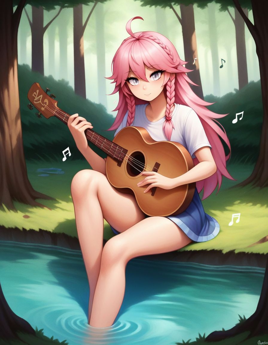 score_9,score_8_up,score_7_up, (by 2wf),  silver  eyes,  ,  pink  hair, long hair,  ahoge, braid, solo, playing instrument,  sitting , one outstretched leg, musical note, in a forest , trees , lake ,