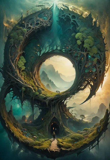 mystical landscape, circular, bite-sized, bold, aesthetic, humanoid, epic, complex, by Todd Lockwood, by Alessio Albi, by Mikalojus Ciurlionis, (professional, intricate details, masterpiece, best quality:1.5), sharp focus, high contrast, highest details, (professional, intricate details, masterpiece, best quality:1.5)