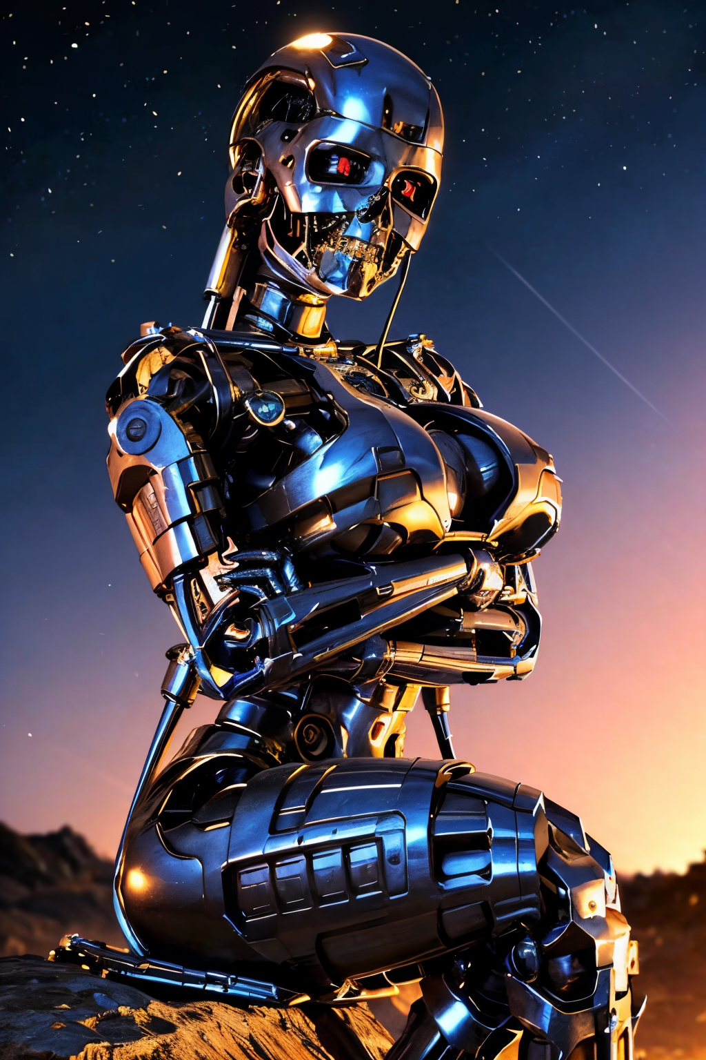 ((view from right side):1.2) explosions in the background, night sky, (Sitting with legs crossed and hands resting on knees:1.2) (Realisitc:1.5) woman terminator, gigantic breasts, big ass, <lora:EdobTerminatorFemale_v1.0:0.8>