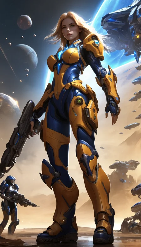 Nova Terra, StarCraft, 1girl, cinematic scene, hero view, action pose, masterpiece, best quality, high quality, absurdres, vivid <lora:nova_xl_v1:1>
