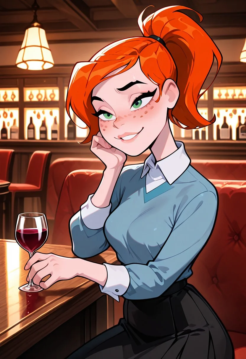 ((screencap, cartoon)) , masterpiece, best quality, amazing quality, very aesthetic, absurdres, newest,
ovgwen, green eyes, orange hair, 1girl, freckles,, lips
ponytail, blue shirt, white collar, black skirt, long sleeves, white cuffs,
smile, teeth, fancy dinner,fancy restaurant. blushing, drinking wine,