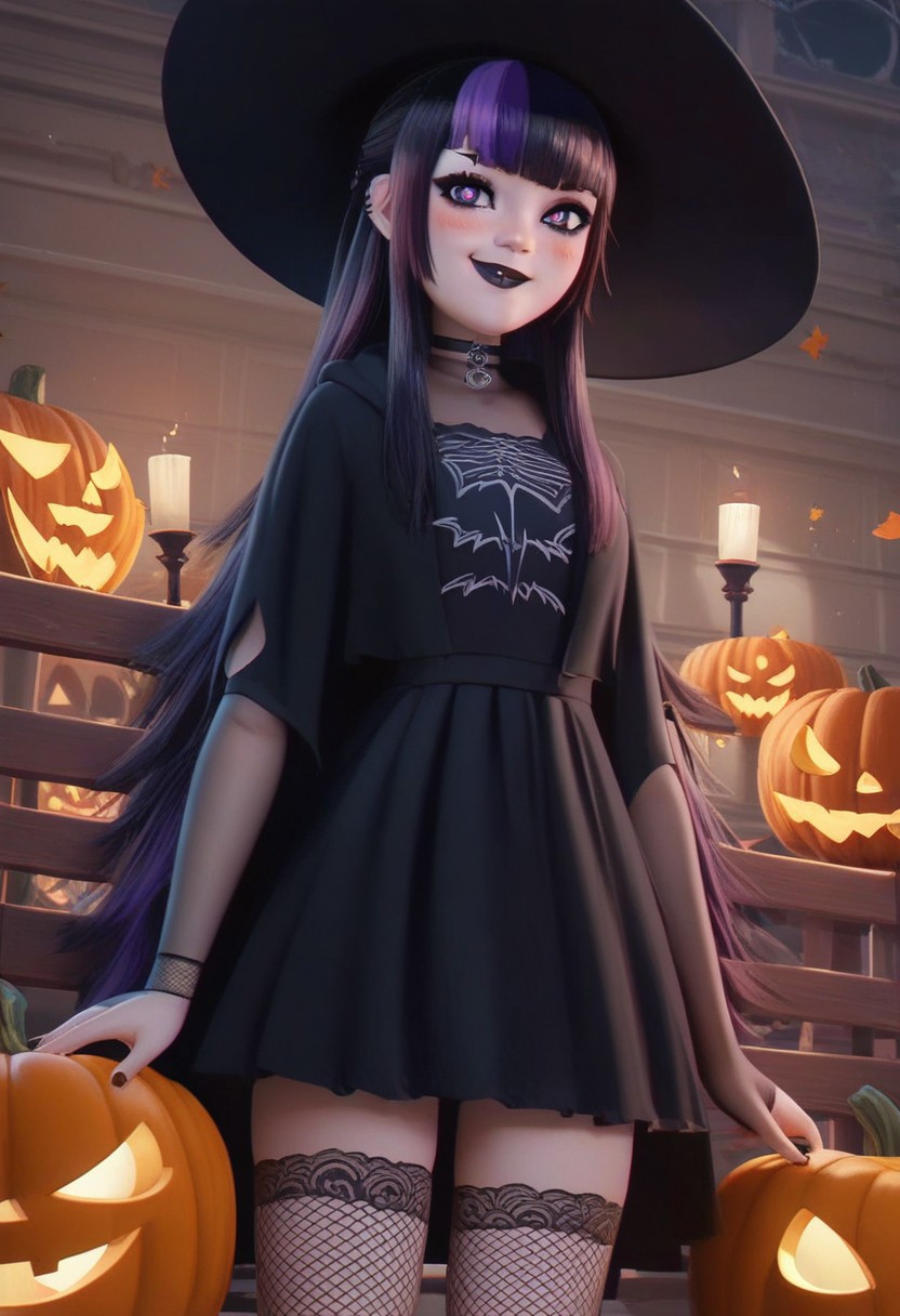 score_9, score_8_up, score_7_up, pretty girl, vivid bright colors, 
goth, makeup, pumpkin, witch hat, zzgothmavis,
patFern, long hair, bangs, purple eyes, (purple hair), sidelocks, blunt bangs, bright pupils, half updo, goth, black lipstick, choker, dyed hair, tight dress, thighhighs, fishnet,
 blush, looking at viewer, cowboy shot, dutch angle, solo,
 smile, blush,