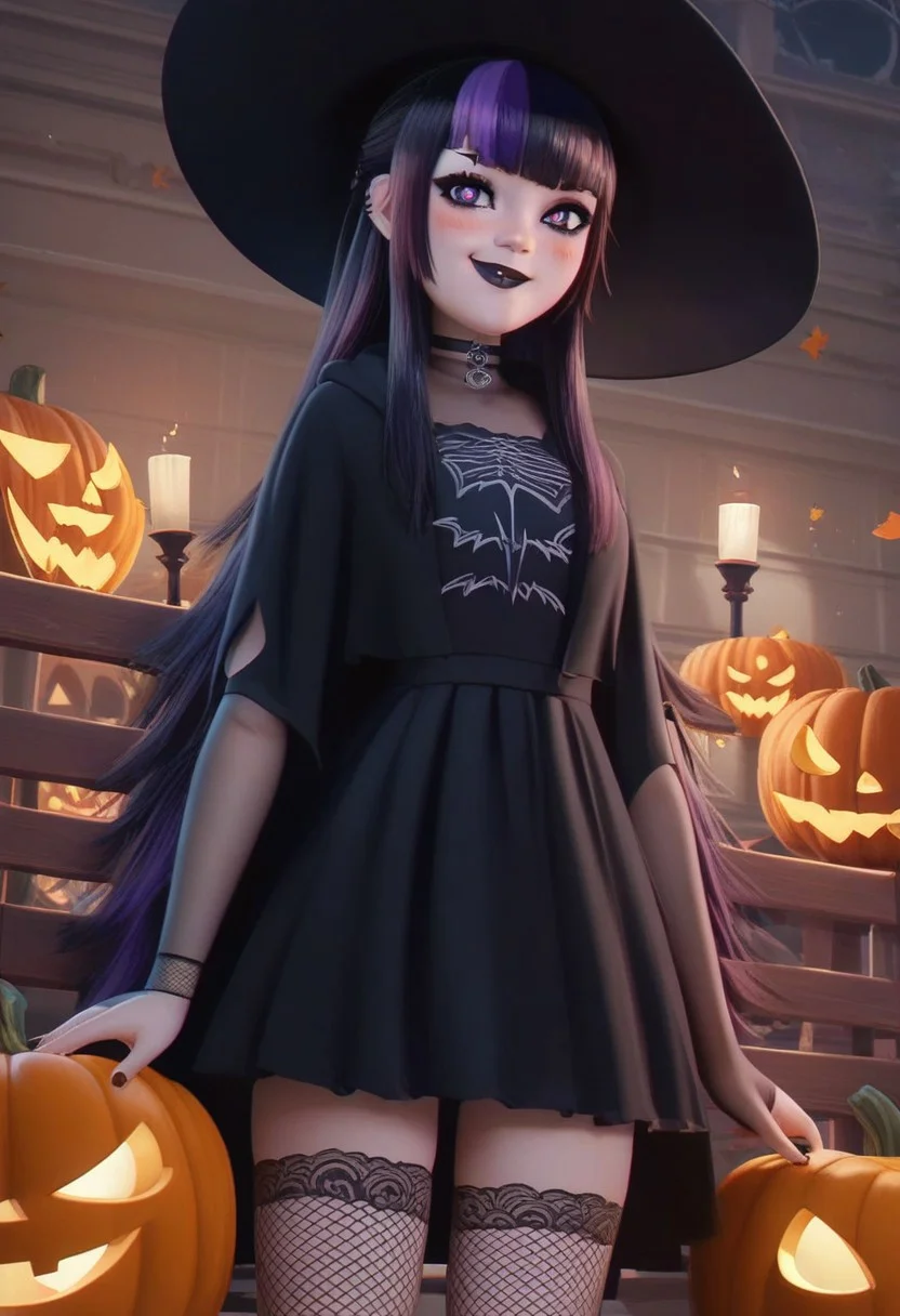 score_9, score_8_up, score_7_up, pretty girl, vivid bright colors,
goth, makeup, pumpkin, witch hat, zzgothmavis,
patFern, long hair, bangs, purple eyes, (purple hair), sidelocks, blunt bangs, bright pupils, half updo, goth, black lipstick, choker, dyed hair, tight dress, thighhighs, fishnet,
blush, looking at viewer, cowboy shot, dutch angle, solo,
smile, blush,